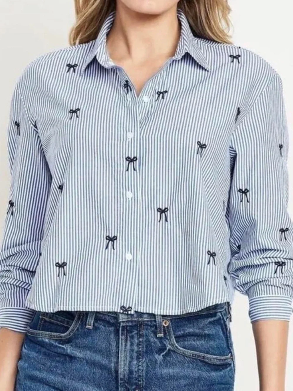 Old Navy Navy & White Striped Button-Down with Bow Embroidery